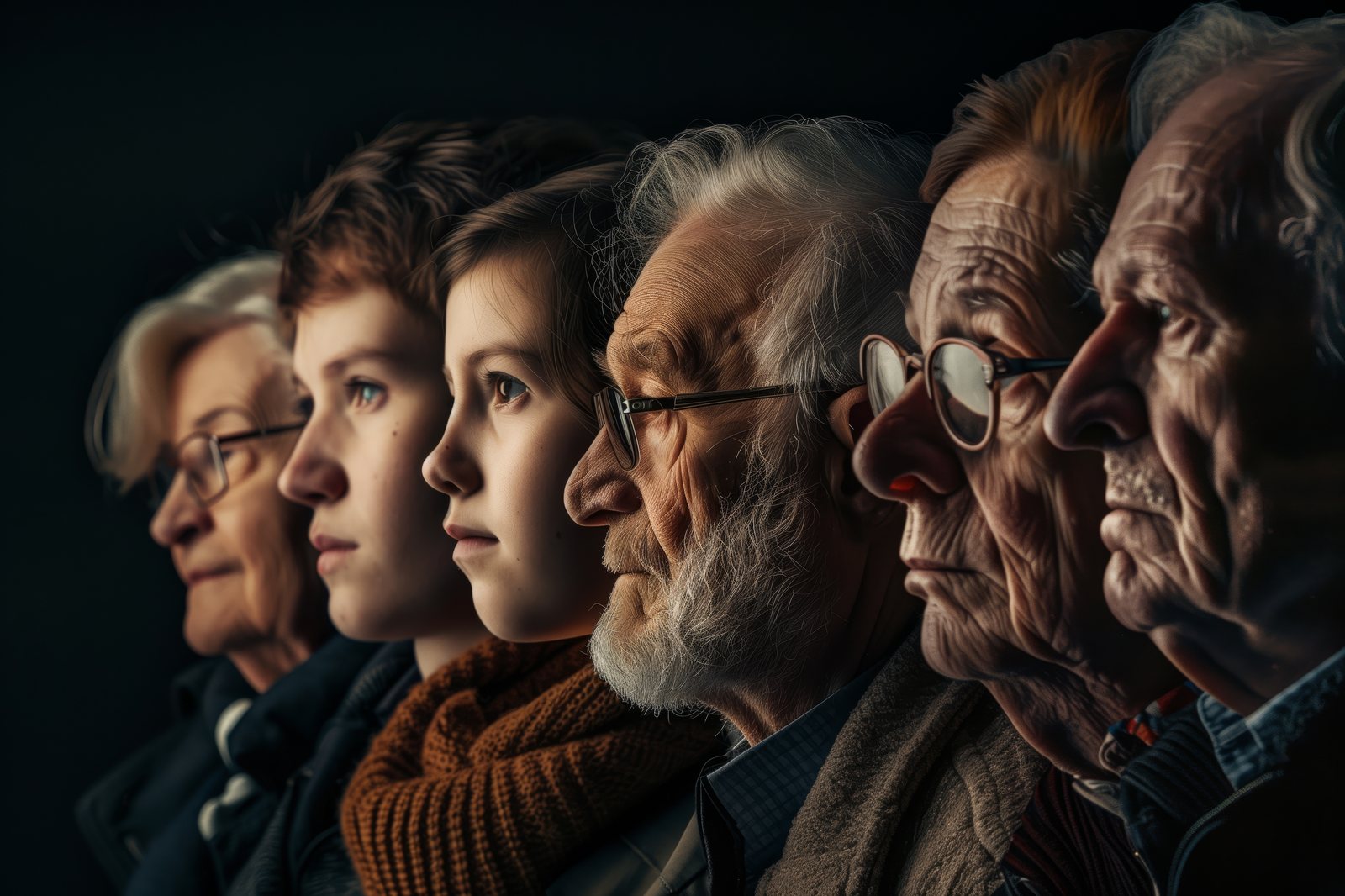 Varias generaciones de una familia de perfil, mirando en la misma dirección